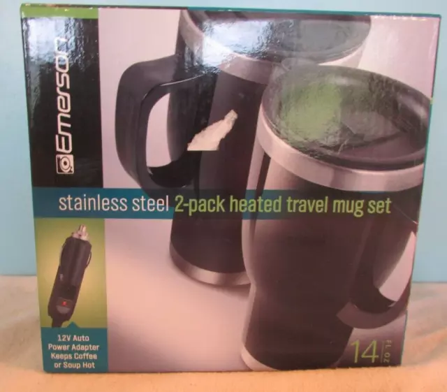 Heated Travel Mug Set Stainless Steel 12V Auto Adapters 2 - 14 OZ. EMERSON