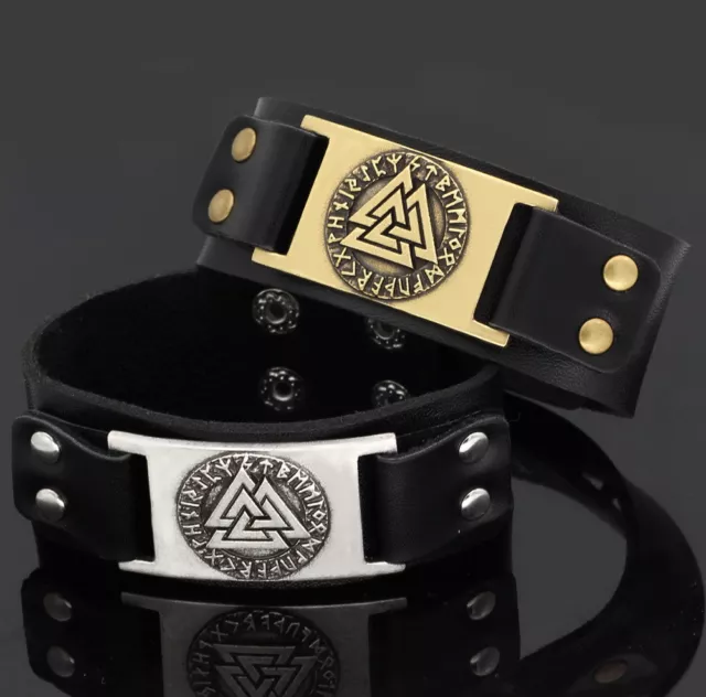 Men's Vintage Silver Norse Viking Valknut/Vegvisir Rune/Wolf Leather Bracelet