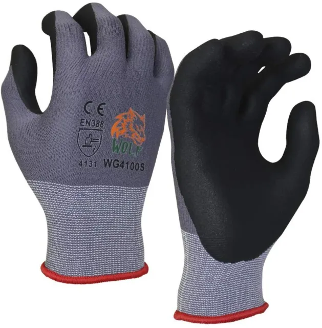WOLF Work Glove Ultra-Thin Nitrile Foam Grip Palm Coated Nylon Shell  3 Pairs