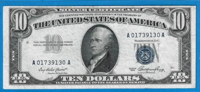 1953 $10 Silver Certificate Note,Blue Seal,Circ Crisp VF,Nice!