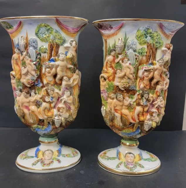 Pair Of Late 19th Century CAPODIMONTE Porcelain Pedestal Vase. Excellent Cond.