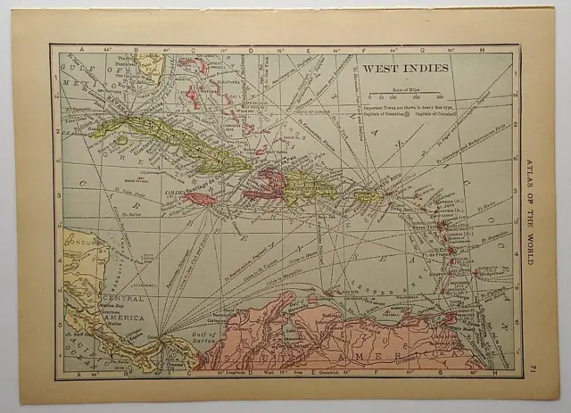 1915 Antique WEST INDIES Miniature Atlas Map (8" x 5.5") Hammond's Handy Atlas