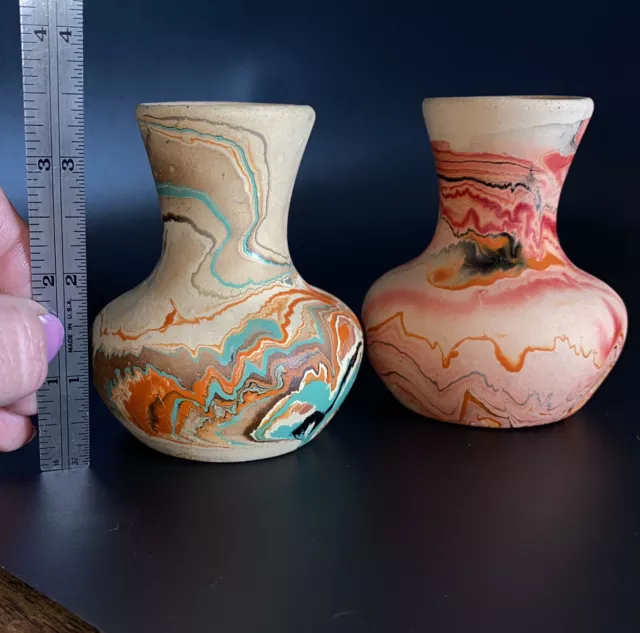 Nemadji Indian Native Clay Pottery 3.5" Orange Blue Red Swirl Bud Vases 3