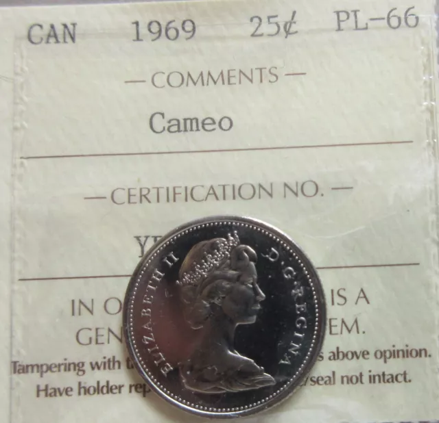 1969 Canada Twenty-Five Cents Coin ICCS PL 66 Cameo Quarter UNC 25 Cents