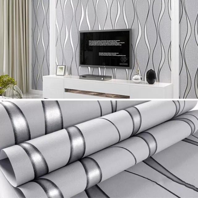 3D Embossed Wave Wallpaper Silver Grey Non-woven Living Room Wall Covers Decors