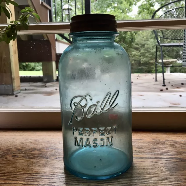 Nice Blue Ball Perfect Mason Half Gallon Fruit Canning Jar Ca 1925 Zinc Lid Old