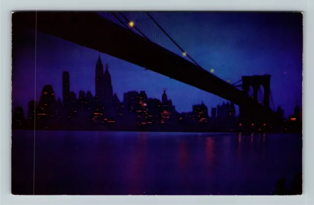 Brooklyn NY-New York, Skyline Lower Manhattan Night, Bridge, Vintage Postcard