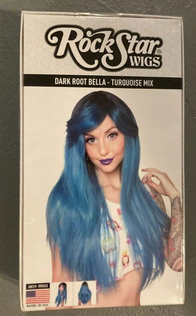 New RockStar Wigs Dark Root Bella TURQUOISE MIX Long Wig Heat Safe Halloween
