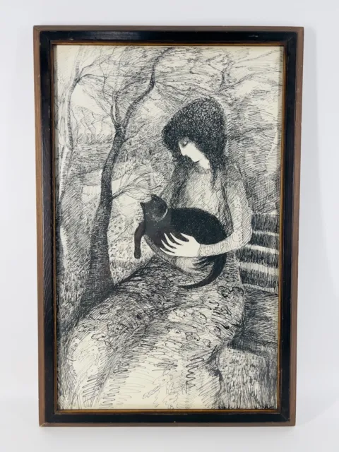 Framed Barbara A Wood Print “Sitting Girl w/ Cat” Vintage