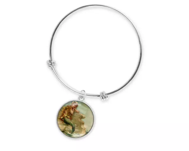 Mermaid Sea Siren Art Silver Bangle Charm Bracelet 20 Art Choices Pick One New