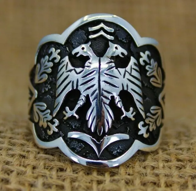 Dirilis Archer Solid 925 Sterling Silver Double Headed Eagle Thumb Men's Ring