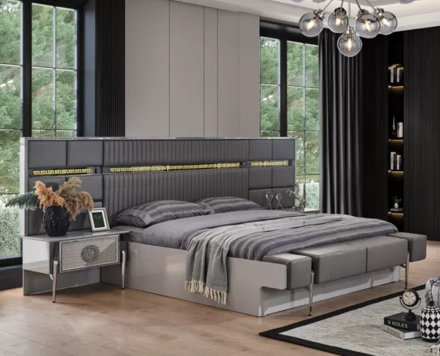 Ensemble Lit Double Chambre à Coucher Lit Gris Nachttische Lits Set 3tlg