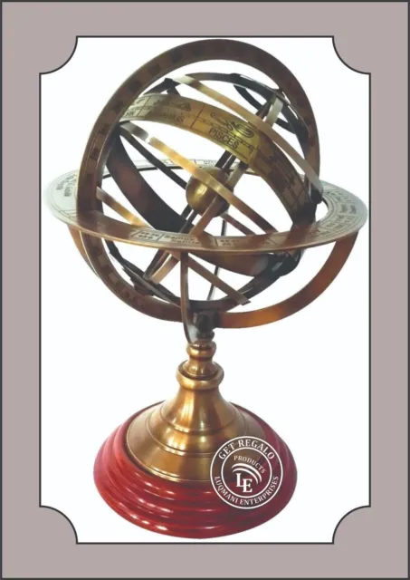 11 Inch Nautical Brass Armillary Sphere World Globe Rosewood Base Decorative