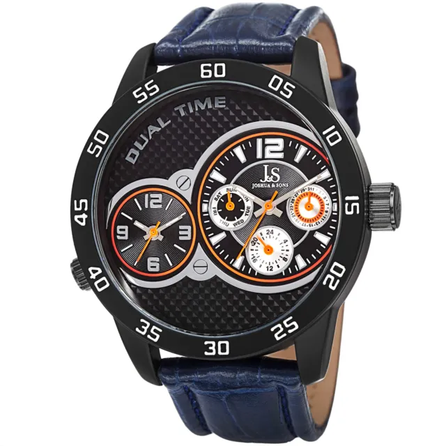 New Men's Joshua & Sons JS97BU Dual-Time Multifunction Blue Leather Strap Watch