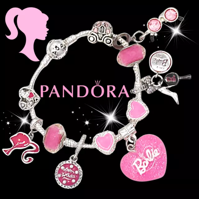 PANDORA S925 SNAKE CHAIN BRACELET WITH PINK LOVE HEART EUROPEAN CHARMS