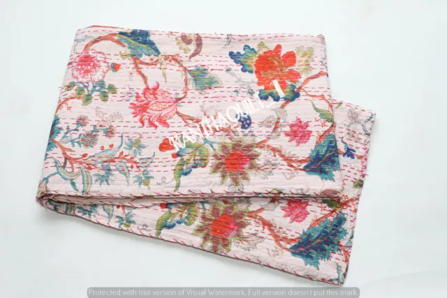 Indian Kantha Throw Floral Print Kantha Quilt Reversible Bedspread Cotton Gudari