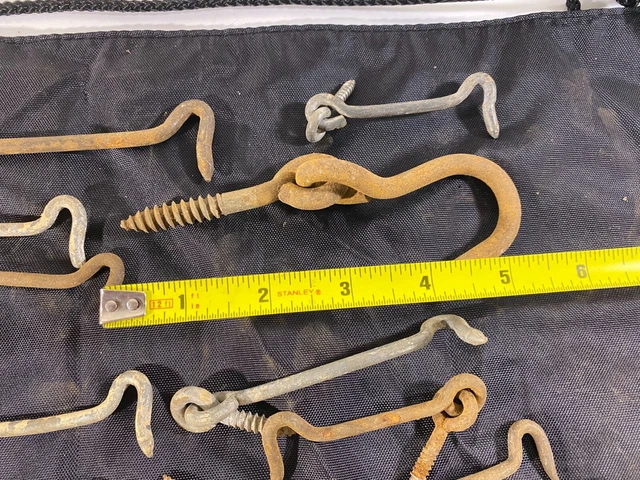Vintage lot Metal Door Latch Hooks Barn Gate Locks Eyelets Threaded Steel Catch 9
