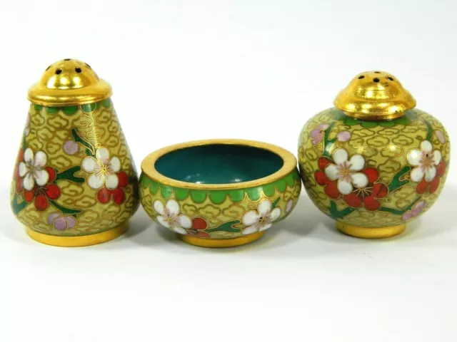 Vintage Cloisonne Copper Enamel 3 Seasoning Jar Bowl, Salt & Pepper Set Shakers