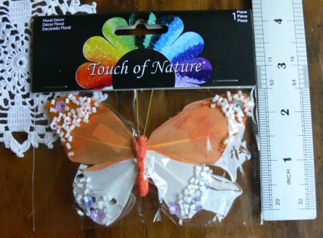 ORANGE & WHITE Feather BUTTERFLY 11x7cm&2.5cm Squeeze Clip-Touch Of Nature LFH