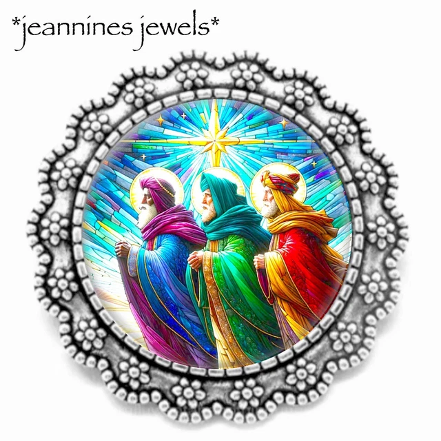 THREE KINGS WISE Men Magi Faux Stained Glass BROOCH Nativity Pin