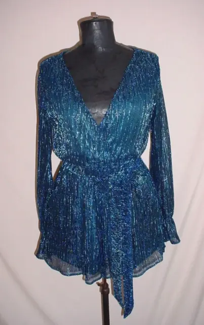 Lulus Party Romper Size Small Metallic Teal Blue Long Sleeve Plunge