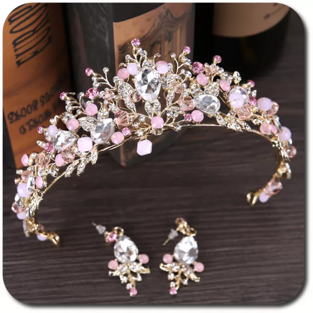 Sposa Set Diadema Orecchini Tiara Corona Barocco Perle Strass Rosa Oro