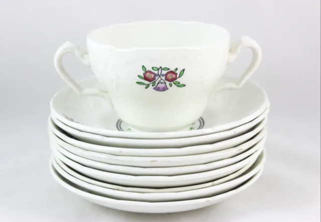 9 Sets Soup Bouillon Bowls & Saucers Minton Romford C4829 Embossed Flowers White