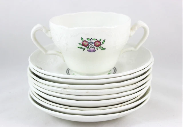 9 Sets Soup Bouillon Bowls & Saucers Minton Romford C4829 Embossed Flowers White