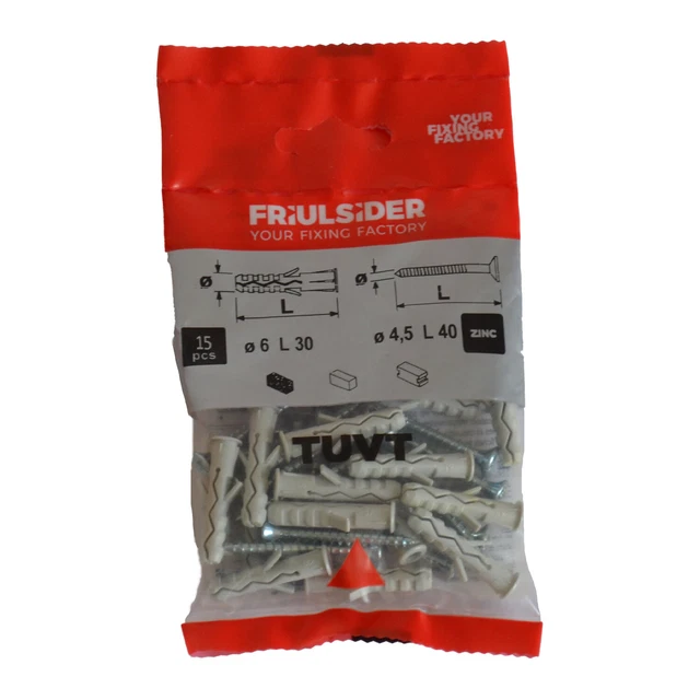 15 tasselli nylon 6 x 30 friulsider per muro con 15 viti 4,5 x 40 antitorsione