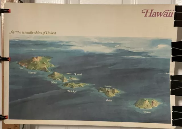 Vintage UNITED AIRLINES Poster Fly Friendly Skies HAWAII Souvenir Map 👀