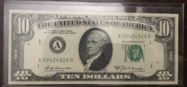 1969 A 10 Dollar Bill Ten Dollar Federal Reserve Note Boston FRN UNC