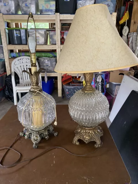 Pair Antique/Vtg Mid Century Hollywood Regency Hd Ptd Art Glass Table Lamps