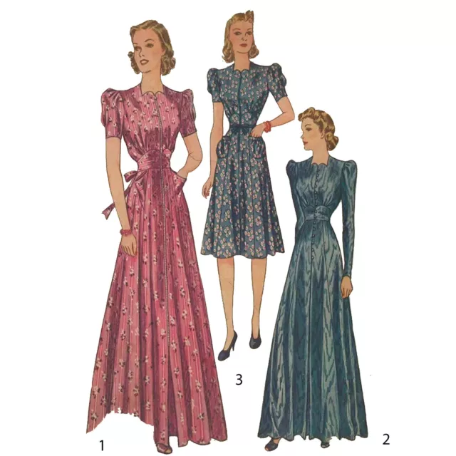 30s/40's Patrón de Costura: Bata, Bata, Vestido - Busto = 86.4cm (86.4cm)