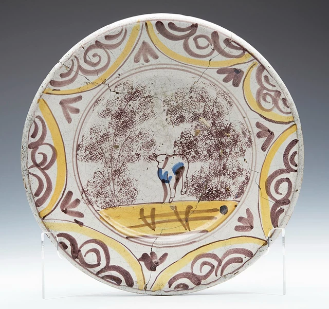 Antique Delft Puce & Yellow Farmyard Bowl 17/18Th Century