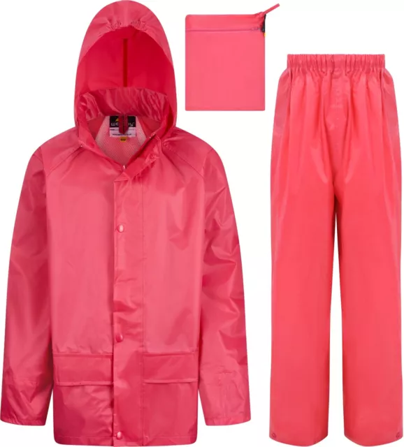 Childs Waterproof Suit Jacket + Trousers Rain Set Kids Childrens Boys Girls Hood