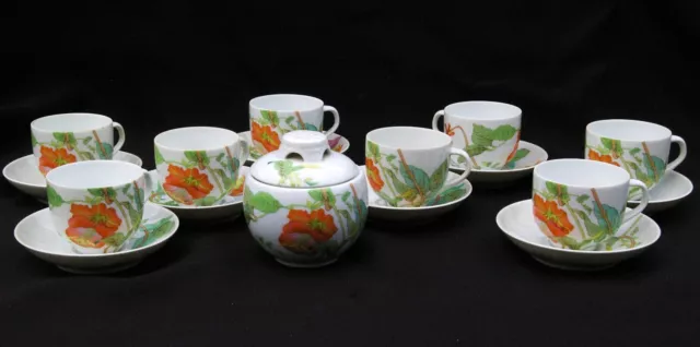 8 Tasses à café + Sucrier en Porcelaine de Limoges Georges Boyer décor floral