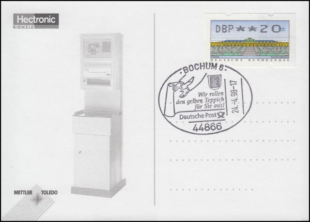 2.2.2 METTLER PIA Einzelmarke auf Sonderkarte ESSt BOCHUM 24.4.1998 mit Quittung