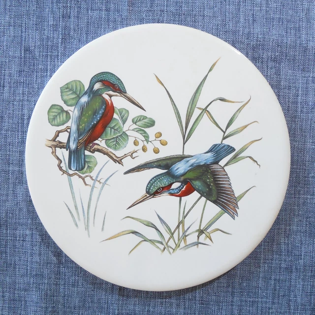 H & R Johnson Round Tile Trivet from ENGLAND Kingfisher Exotic Bird Wildlife