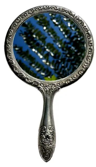 Antique 19th Century "Victorian Silver Hand Mirror" in Ornate Repousse Foliat