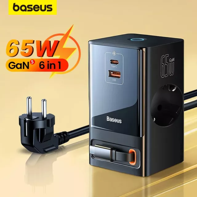 Baseus 65W GaN5 Ladegerät 5in1 Steckdose Multiple USB Ladestation mit Ladekabel