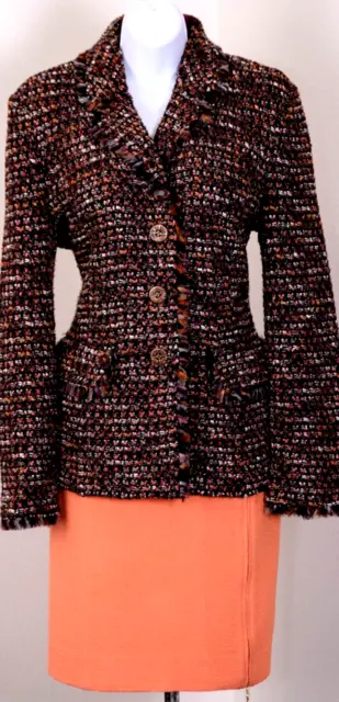 ST.JOHN Womens Tweed Brown Coral Metallic Shimmer Fringed Jacket & Skirt Sz 12