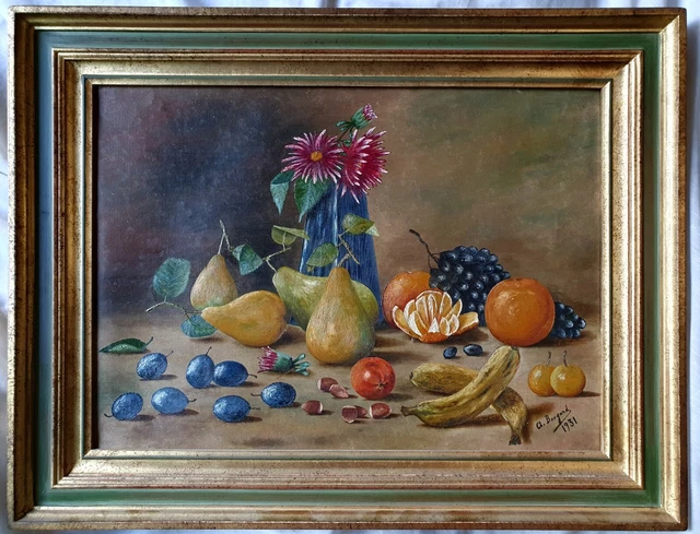 TABLEAU HUILE SUR toile ancien Fruits et vase de dahlias signé Bougard ...