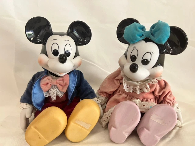 Vtg Walt Disney Mickey and Minnie Mouse Wind up Musical Doll Porcelain Rare Pair