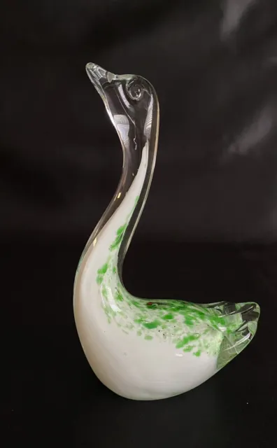 Art Glass Swan/Goose/Duck White Green Speckled and Clear Paperweight Figurine