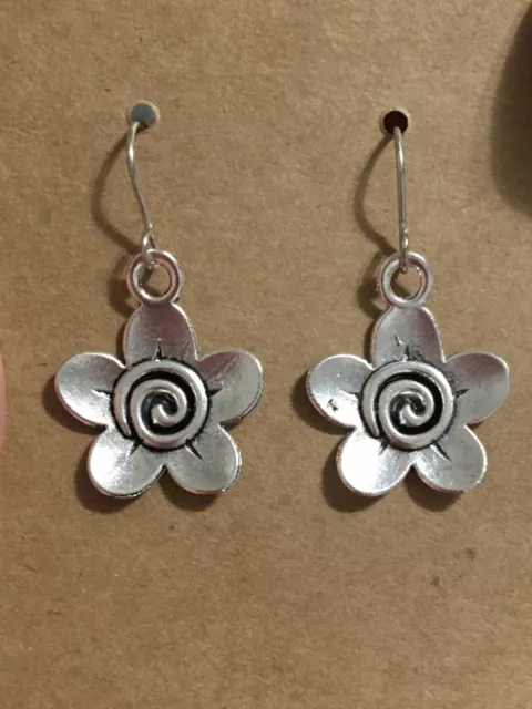 Silver Flower Dangle Earrings Stainless Steel Hooks