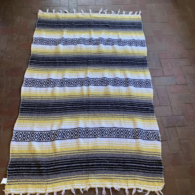 Authentic Mexican Falsa Woven Blanket Serape X Throw Mexico 47”X70” Yellow Gray