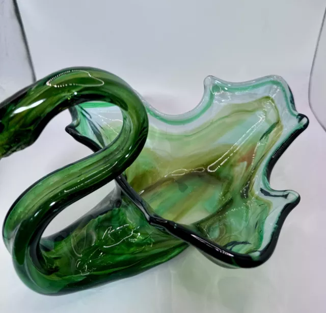 Vtg Sooner 1960's, Large Hand Blown Murano Swirl Art Swung Glass Swan MCM Green 3