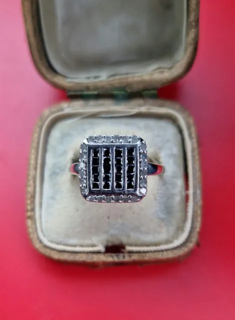 Diamond Ring Art Deco Style Hallmarked Silver Black & White Diamonds Gorgeous