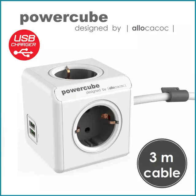 allocacoc PowerCube Extended 2 x USB Mehrfachsteckdose 3 m Verlängerungskabel