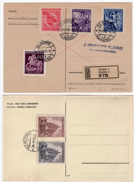 Böhmen & Mähren 2 Postkarten MiF Kladno und Prag 1943/44
